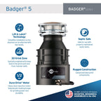 InSinkErator Garbage Disposal with Power Cord, Badger 5, Standard Series, 1/2 HP Continuous Feed, Black