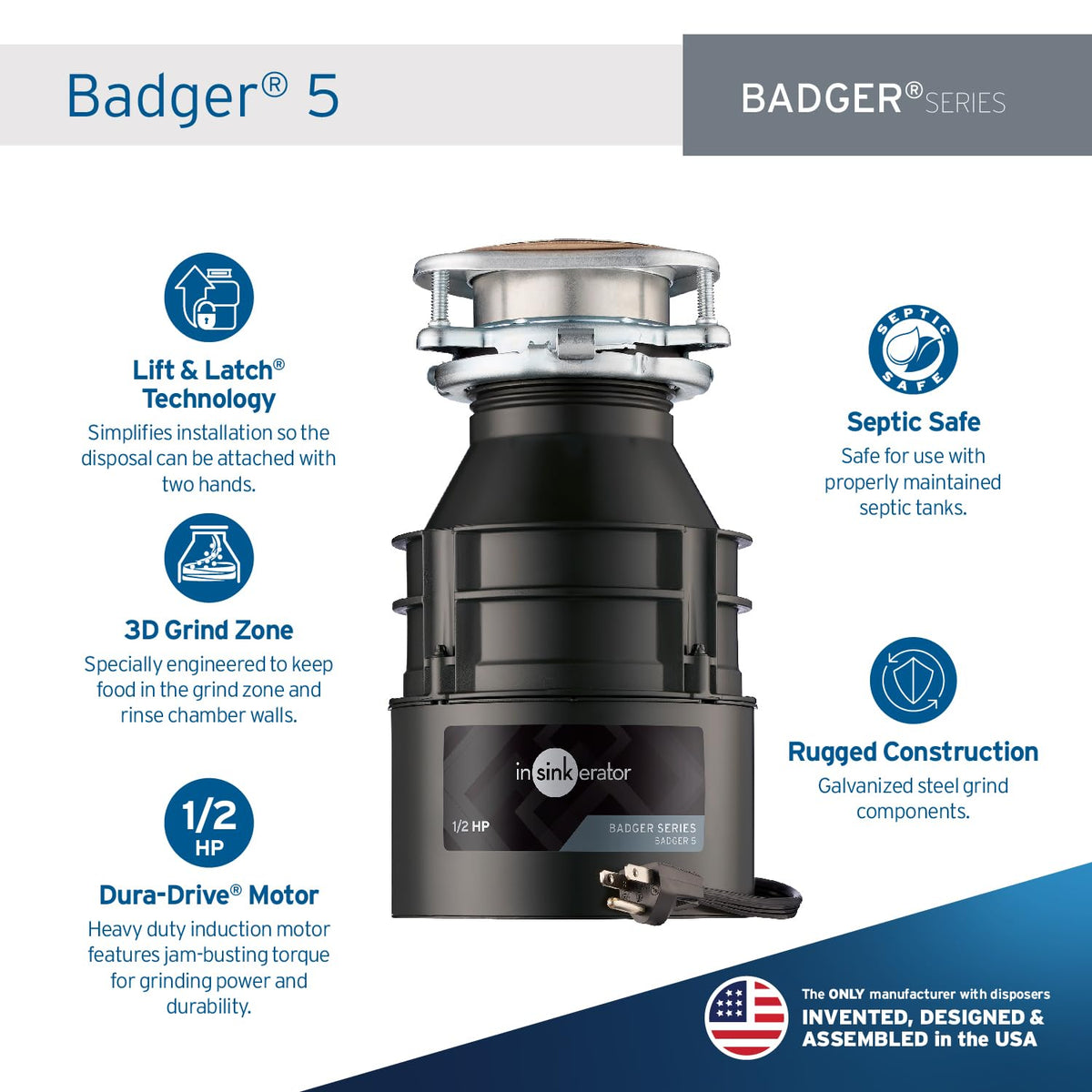InSinkErator Garbage Disposal with Power Cord, Badger 5, Standard Series, 1/2 HP Continuous Feed, Black