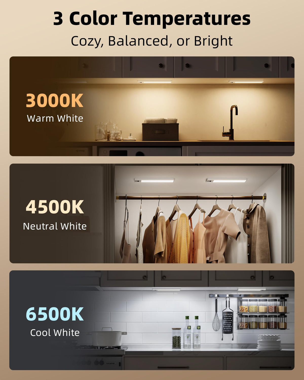 EZVALO 5-Pack 10inch Under Cabinet Lighting, 2400mAh Rechargeable Motion Sensor Light, Magnetic Closet Lights with Dimmable & 3 Color Temps, Wireless
