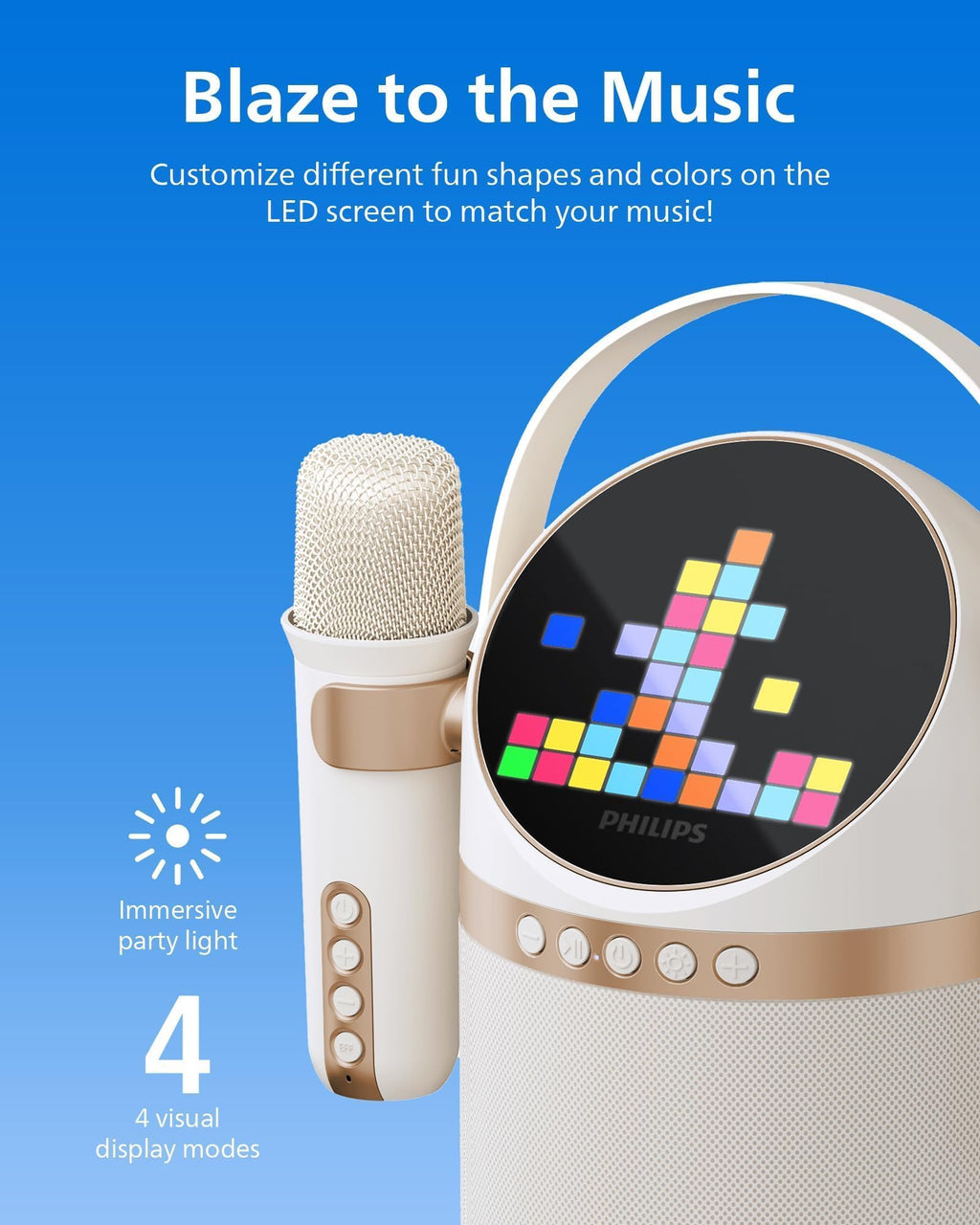PHILIPS S2508 Portable Karaoke Machine,Party Bluetooth Speaker with 2 Karaoke Microphones,7 H Battery,Multi-Colored Light Modes with Display Screen,6