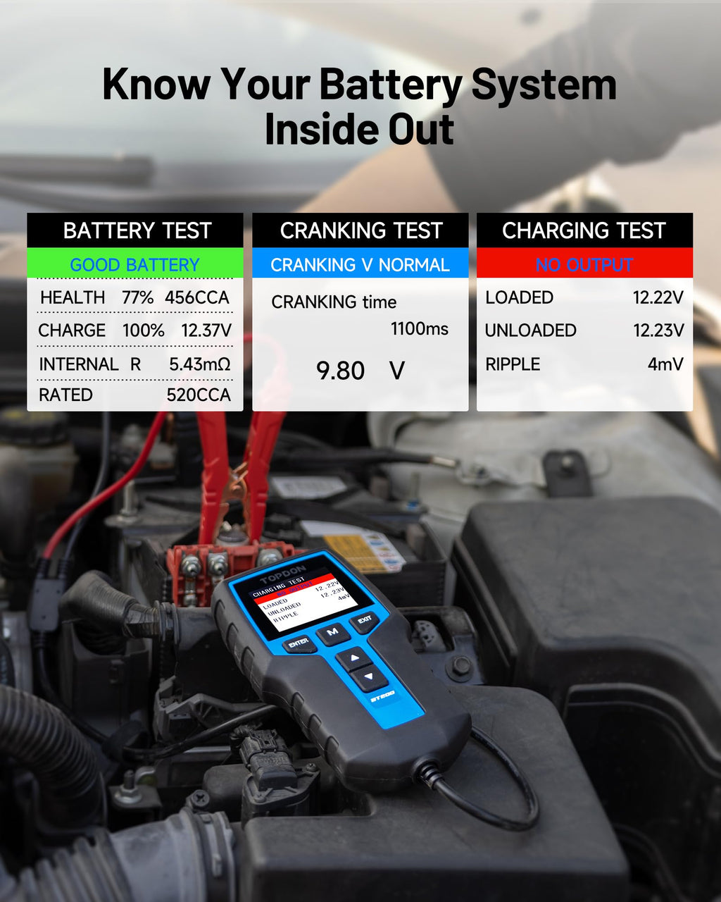 TOPDON BT200 Car Battery Tester, 12V/24V, 100-2000 CCA Load Tester