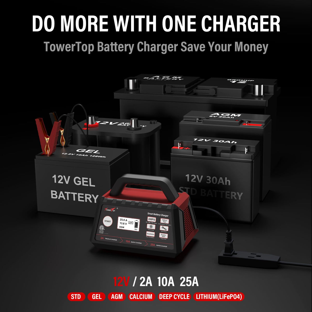 TowerTop 2/10/25 Amp 12V Smart Car Battery Charger, Fully Automatic Battery Maintainer with Engine Start, Auto Desulfator, Battery Repair, Winter
