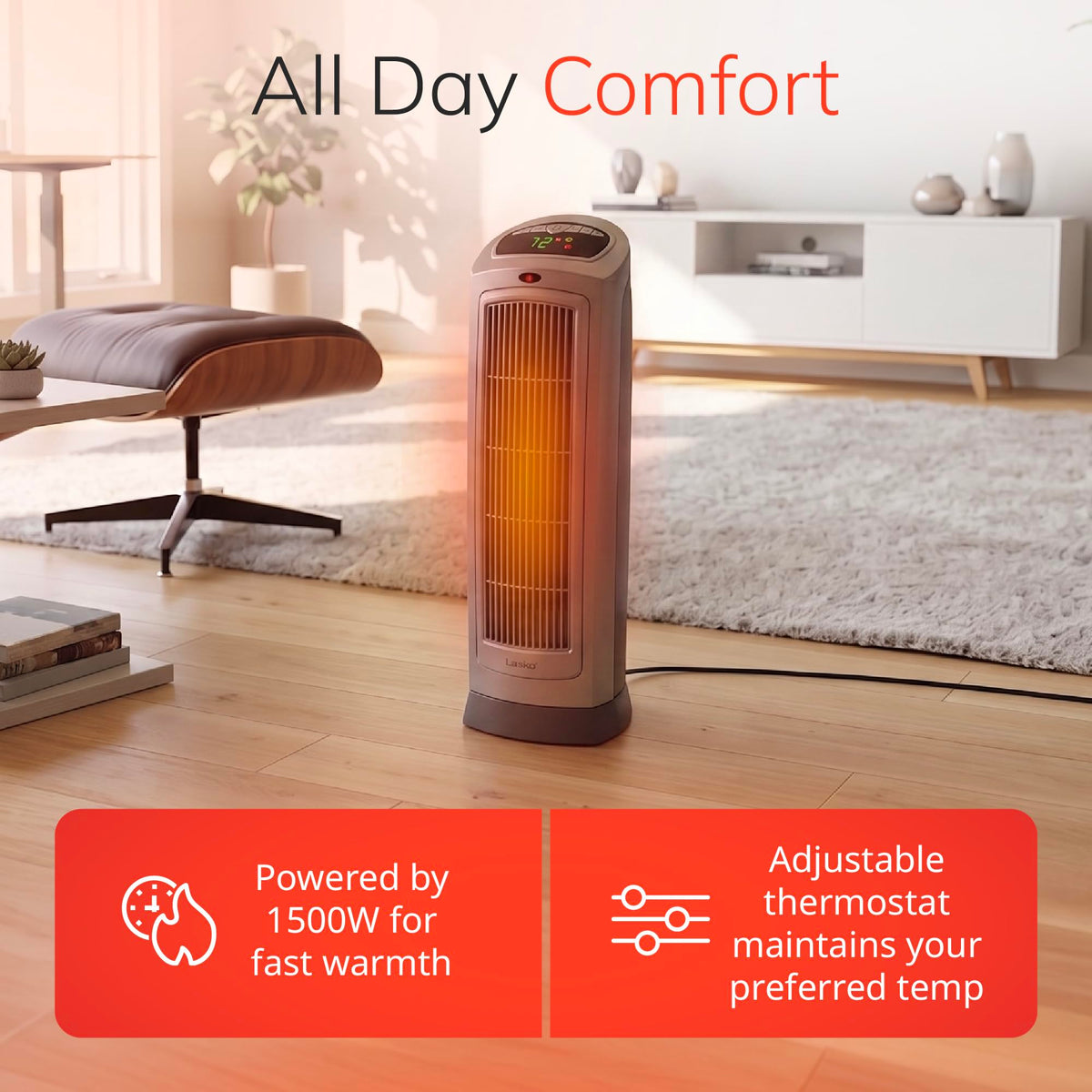 Lasko Oscillating Digital Ceramic Tower Heater for Home with Adjustable Thermostat, Timer and Remote Control, 23 Inches, 1500W, Silver, 755320