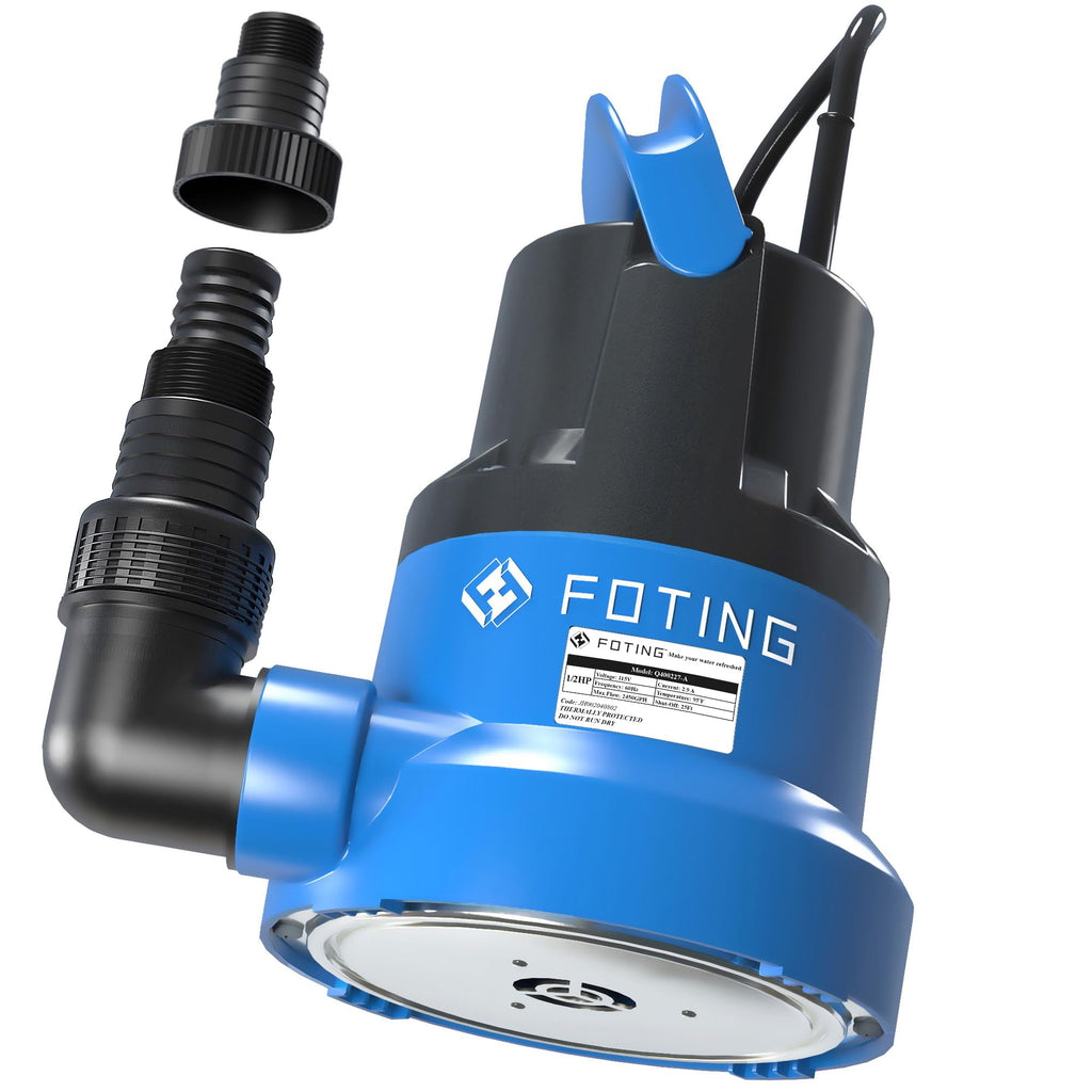 FOTING 1/2HP Submersible Water Pump with Stainless Steel Base - Removes Water to 0.04" Depth, 2450GPH Portable Sump Pump for Puddles, Pools, Boats
