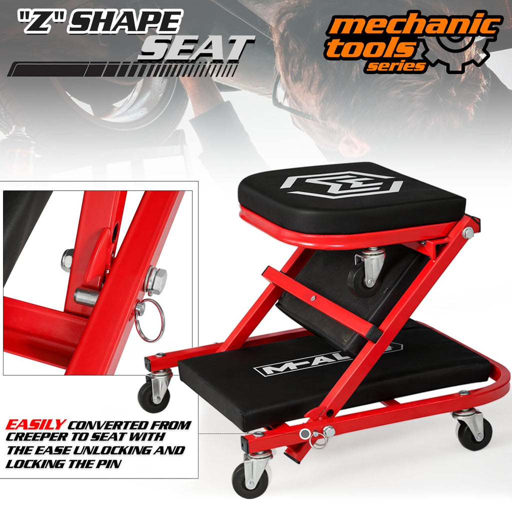 M-AUTO Foldable Z Creeper 2-in-1 Rolling Folding Car Creeper & Seat, 36" Adjustable Roller Garage Chair Lay Down or Sit, 330LBS Capacity Under Car