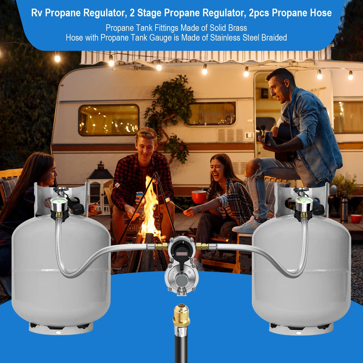 Rv Propane Regulator 2 Tank Hoses, LP Gas Regulator 2-Stage Auto Changeover Kit, Dual Tank Hoses with Propane Tank Gauge, Two-Cylinder Connection