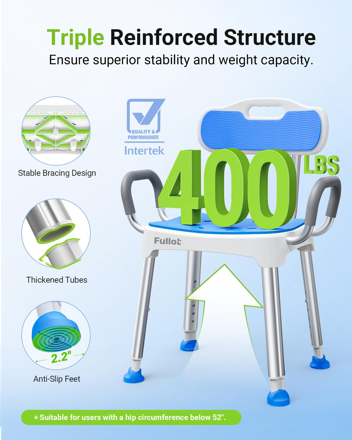 Wide Shower Chair for Inside Shower, Stable Bracing Design, 400 lbs
