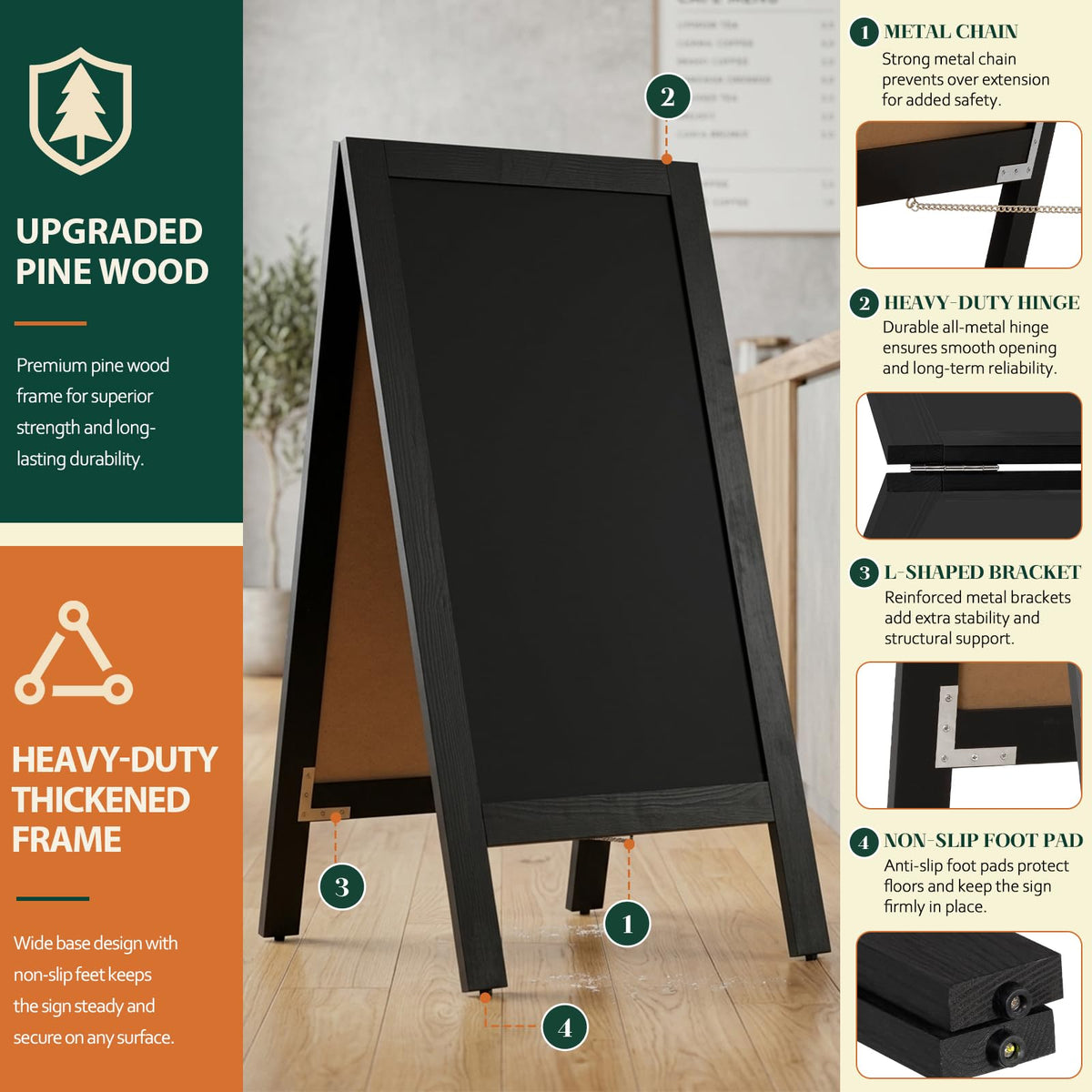 4 THOUGHT A-Frame Double-Sided Magnetic Chalkboard 40"x20", Black