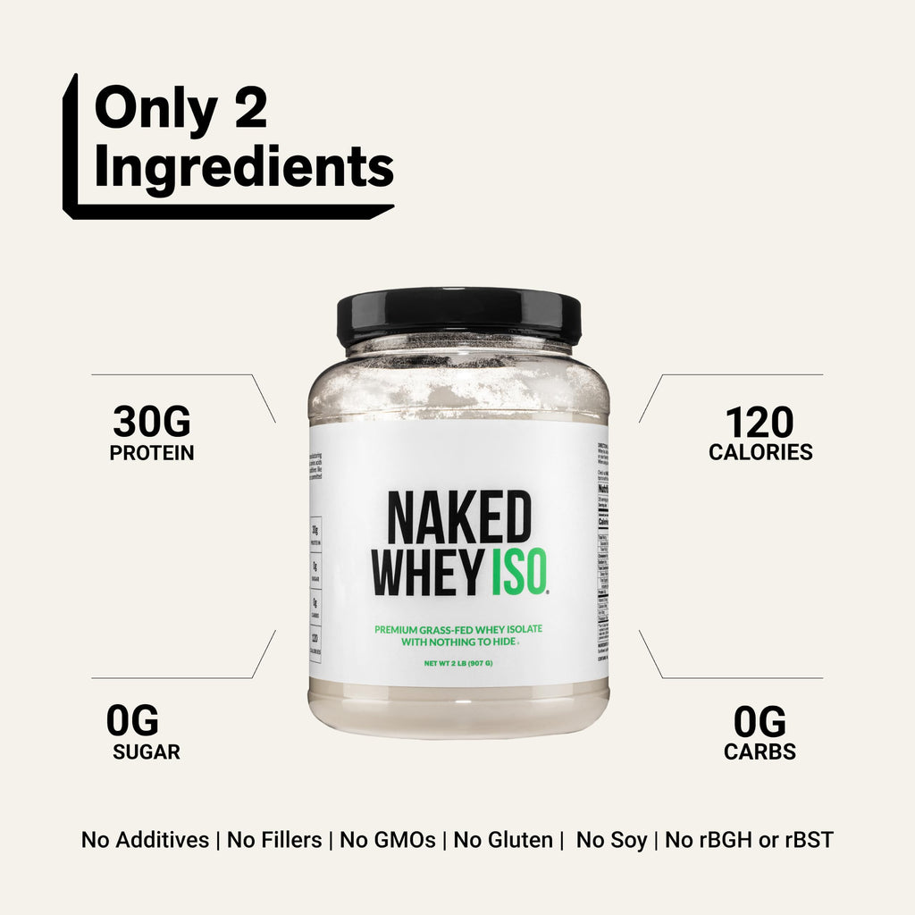 NAKED Whey Isolate Protein - Only 2 Ingredients, 30g Grass-Fed Protein, Zero Carb, Unflavored, Undenatured, Non-GMO, No Soy, Gluten-Free, No