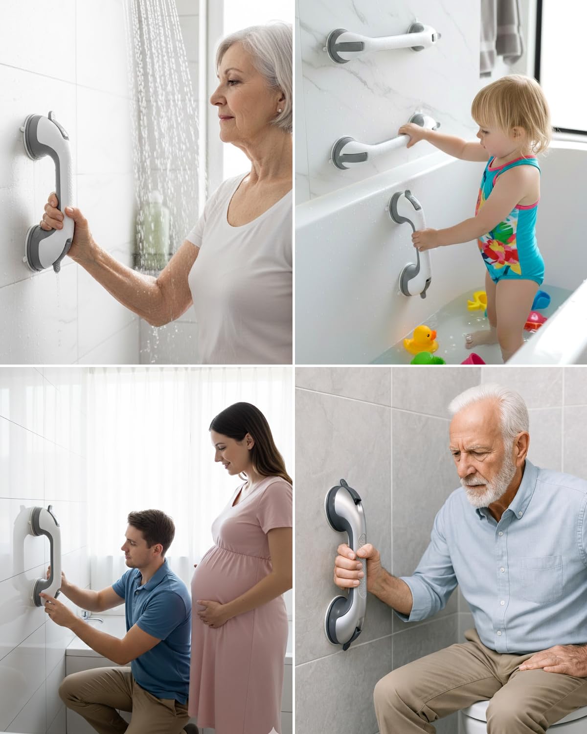 2 Pack Suction Cup Shower Grab Bars for Seniors, Handles Bathtub Rails