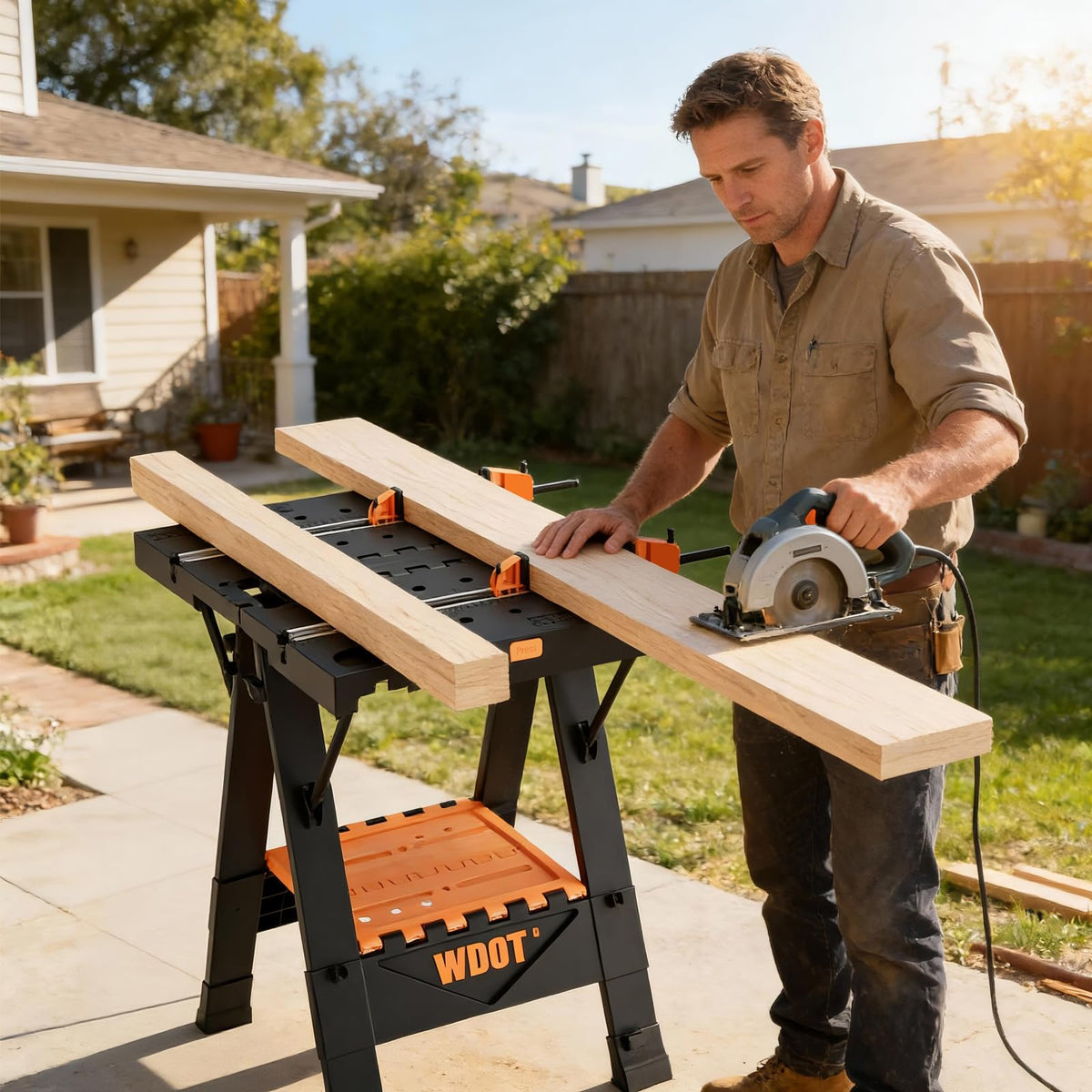 Portable Folding Work Bench Table 2-in-1 with 2 Clamps & 6 Bench Dogs