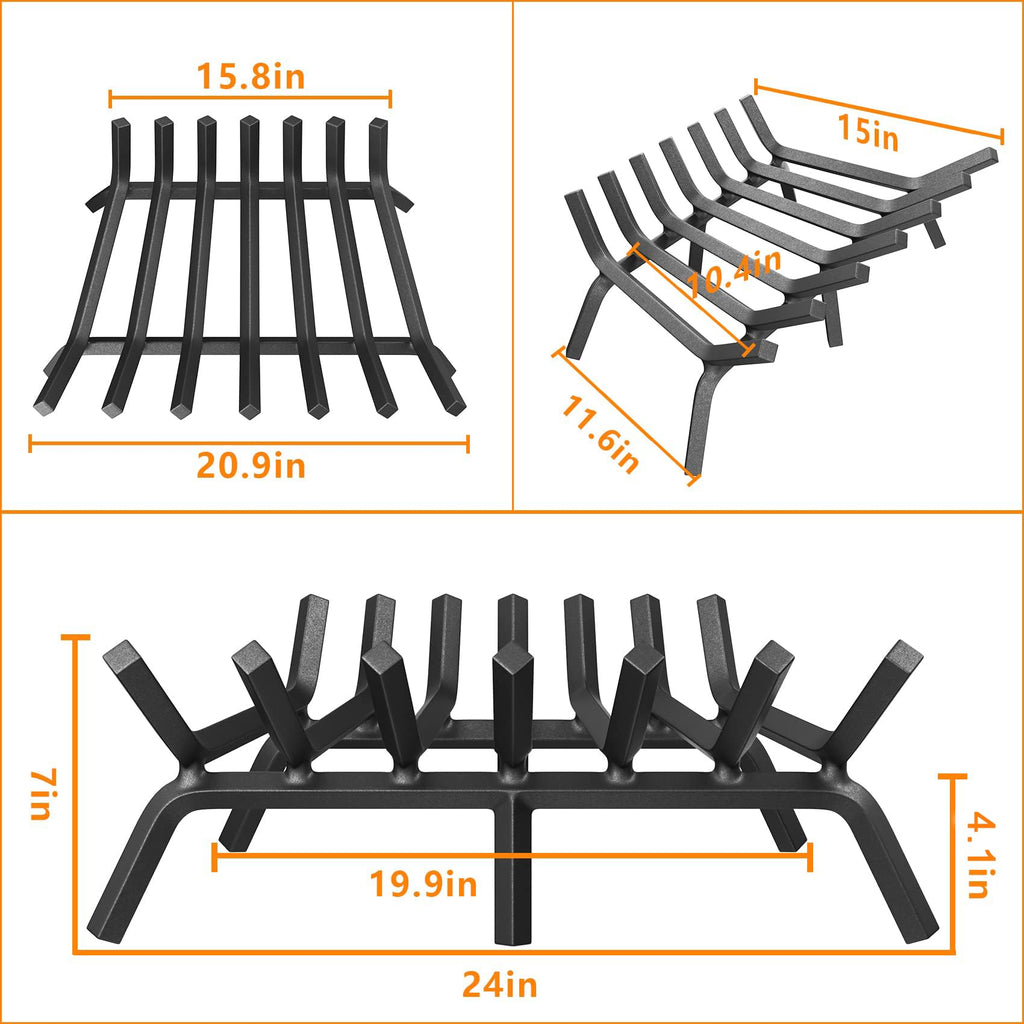 Mr IRONSTONE Fireplace Grate 24 inch Solid Steel Heavy Duty Firewood Log Burning Rack Fire Grates for Outdoor Kindling Tools Pit Indoor Fireplace Log
