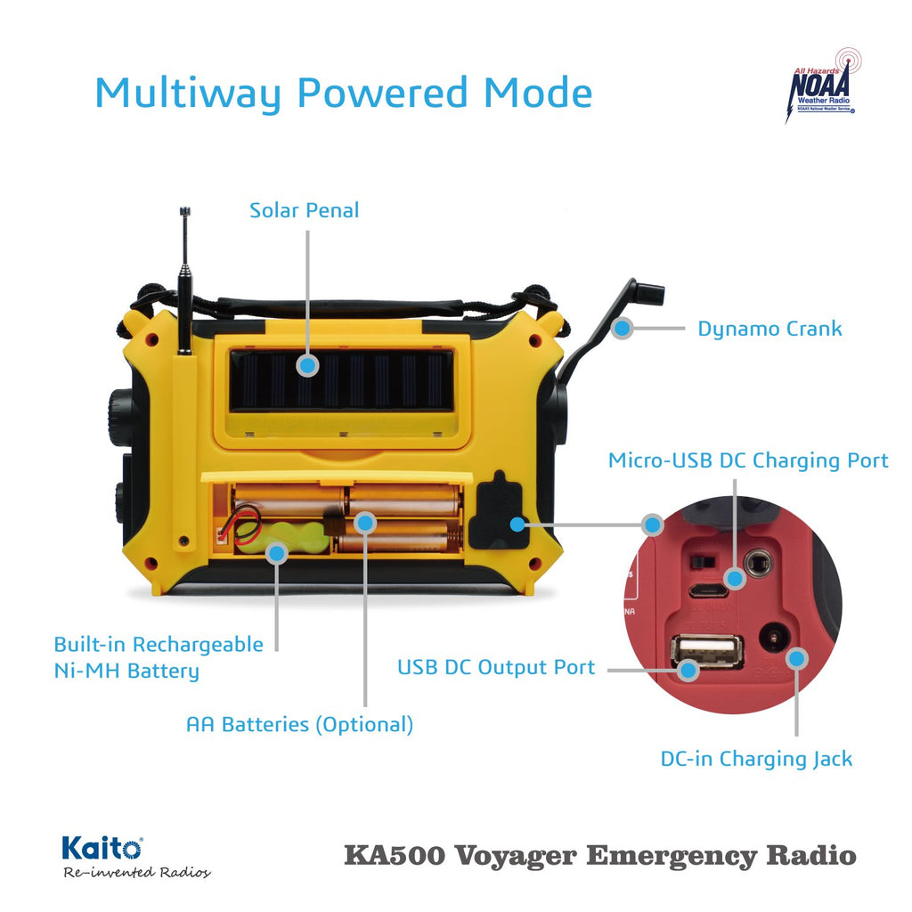 Kaito KA500 5-way Powered Solar Power,Dynamo Crank, Wind Up Emergency AM/FM/SW/NOAA Weather Alert Radio with Flashlight,Reading Lamp and Cellphone