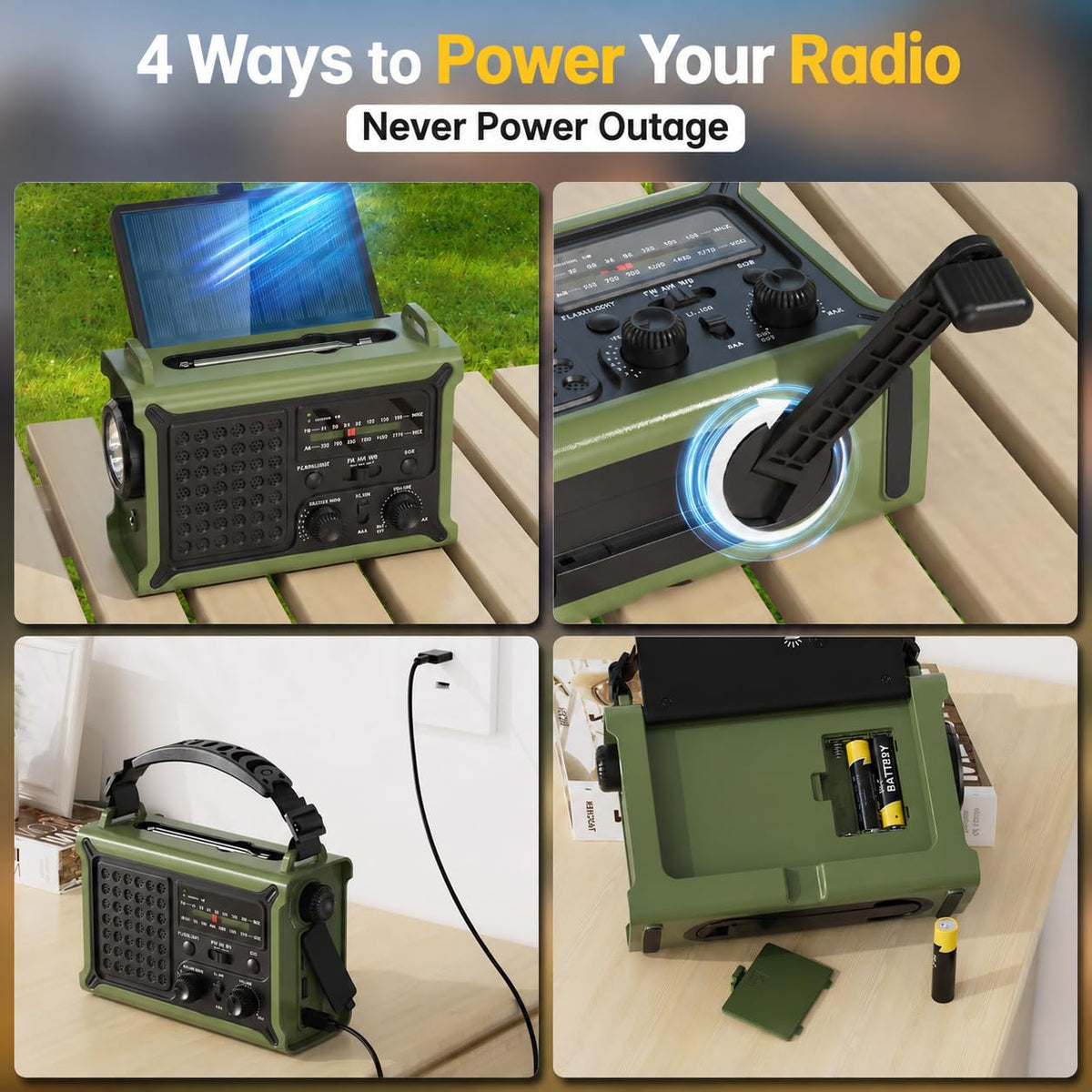 12000mAh/44400mWh Emergency Radio, NOAA Weather Radio, Hand Crank & Solar