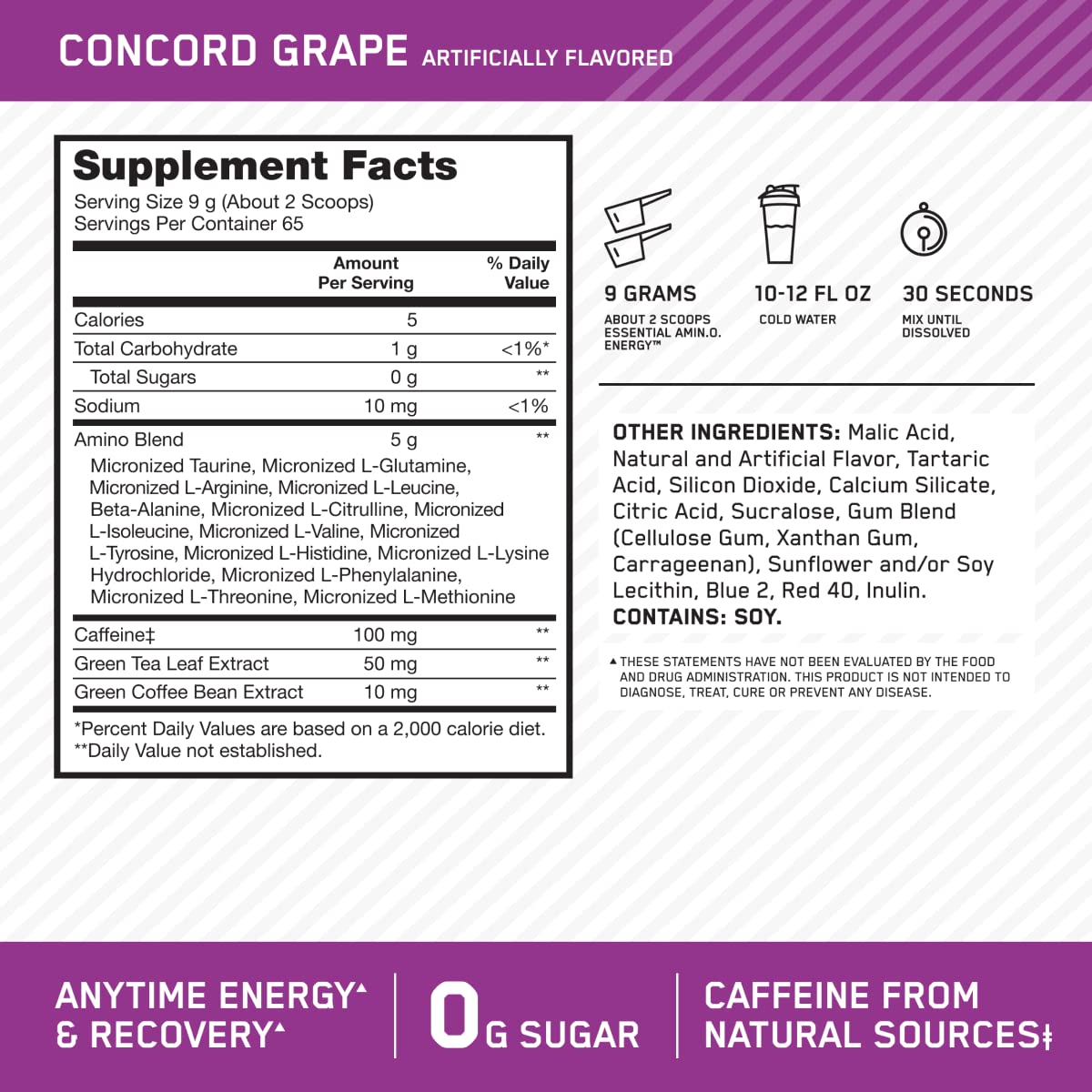 Optimum Nutrition Amino Energy Powder, Concord Grape, 1 LB