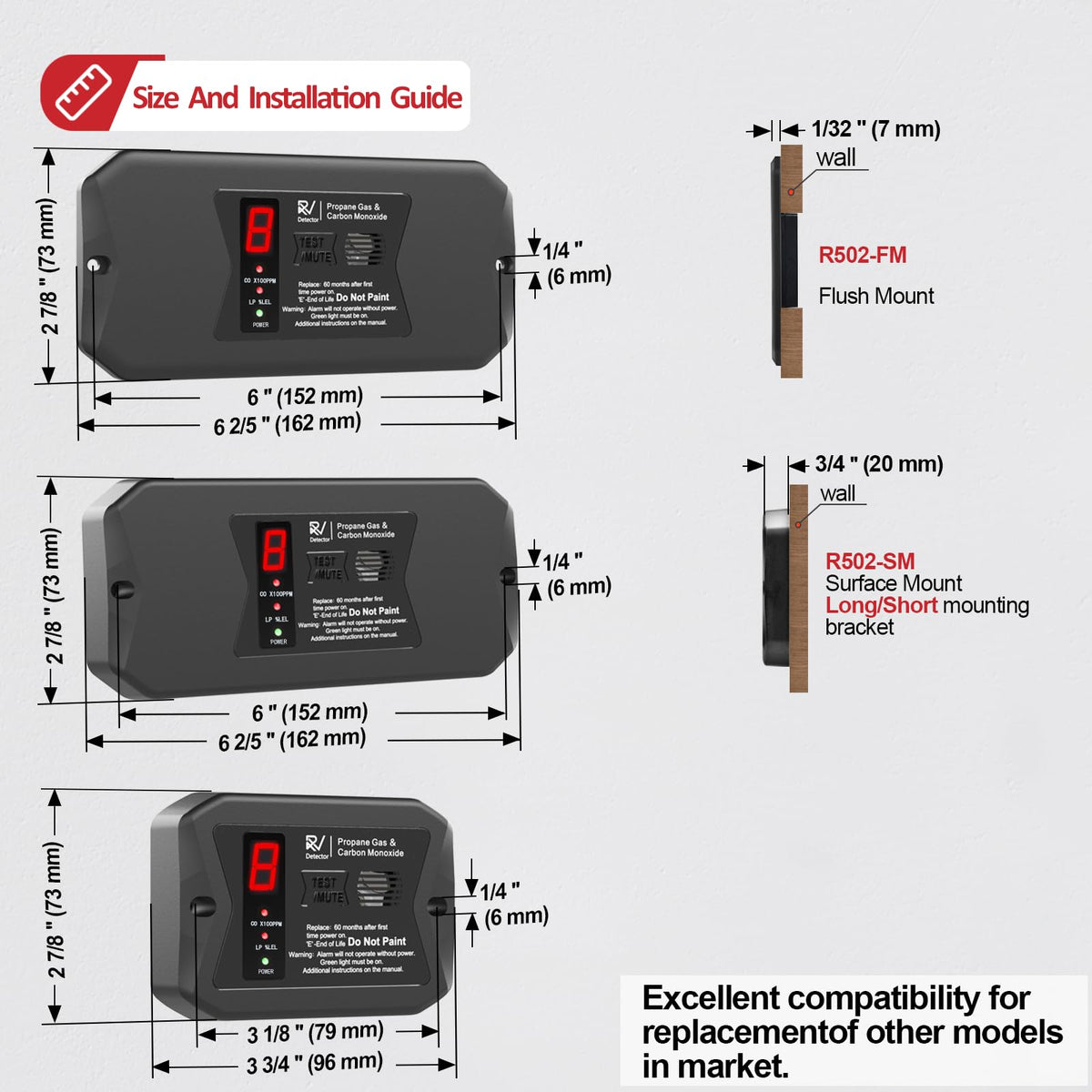 2-in-1 RV Accessories Gas Detector,Hardwired 12V DC with 3 Different Brackets for RVs,R502