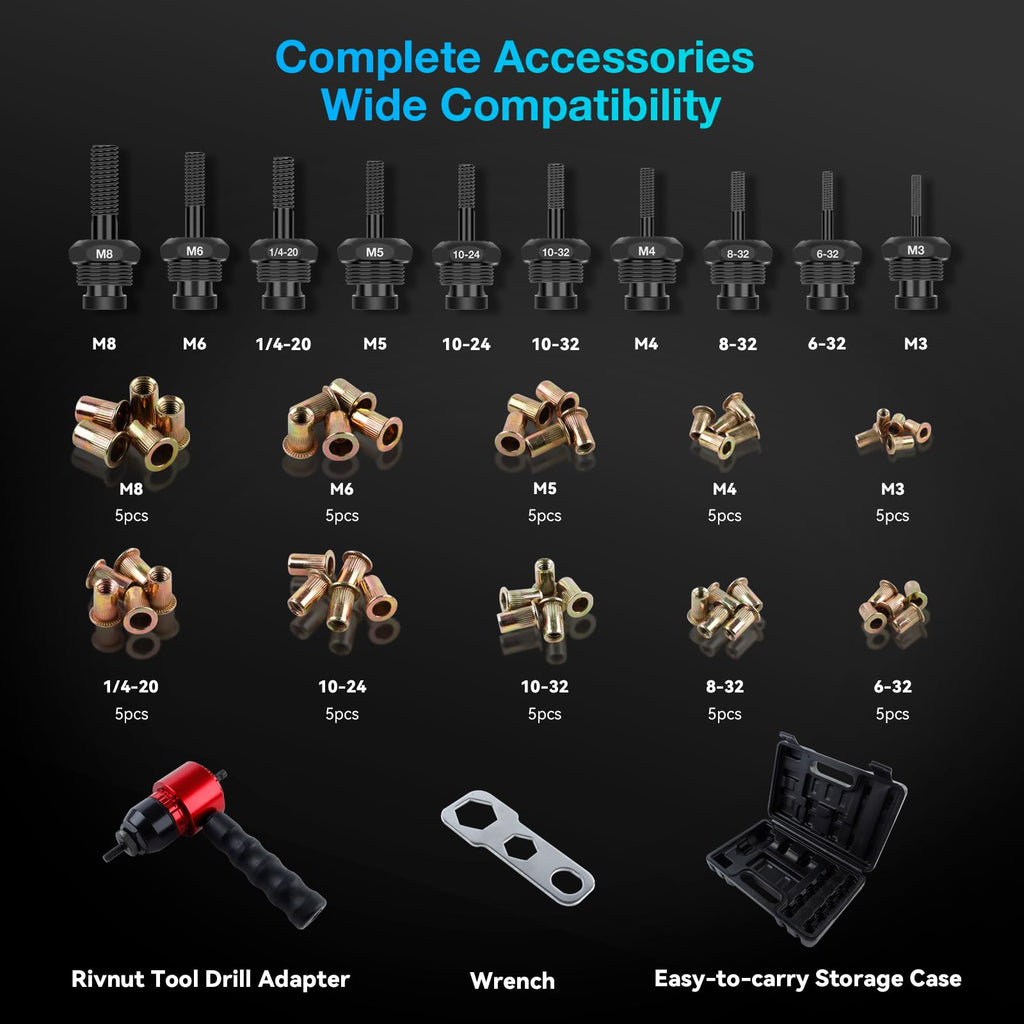 YUZES Rivet Nut Tool Kit for Drill & Ratchet, 10 Mandrels, 50 Rivet Nuts