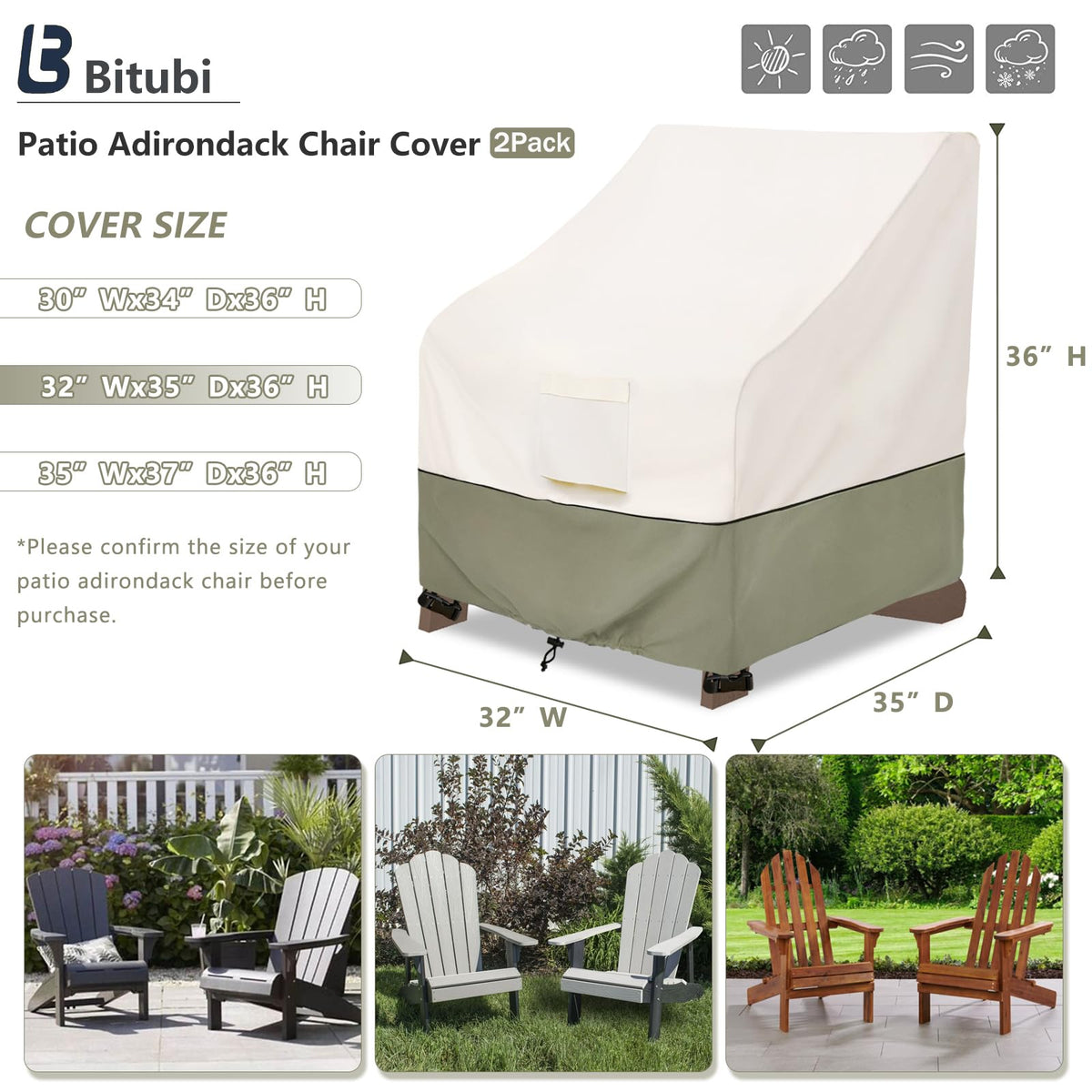 Waterproof 2 Pack Patio Adirondack Chair Cover for Outdoor Chair Size Up to 32W x 35D x 36H inch,Outdoor Lawn Patio Furniture Covers (Beige)