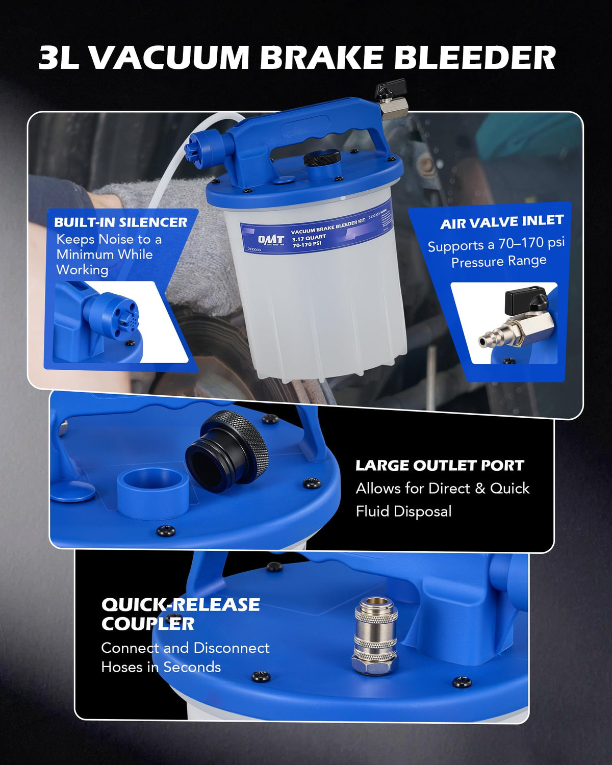 OMT 3L Vacuum Brake Bleeder Kit, 3.2 qt Pneumatic Brake Fluid Bleeder Kit