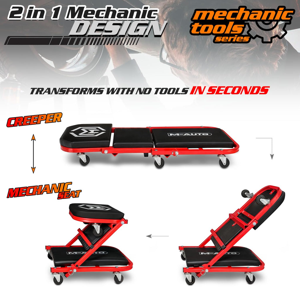 M-AUTO Foldable Z Creeper 2-in-1 Rolling Folding Car Creeper & Seat, 36" Adjustable Roller Garage Chair Lay Down or Sit, 330LBS Capacity Under Car