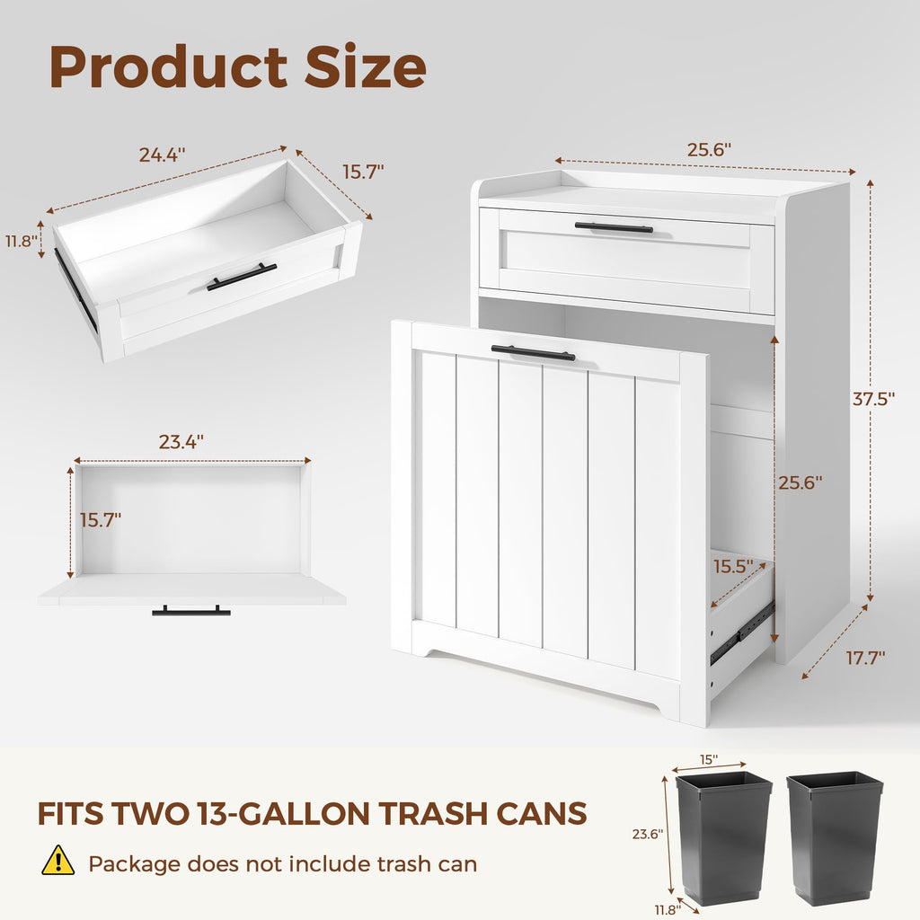 Pull Out Trash Can Cabinet, 2x13 Gallons Garbage Recycling Bin with Drawer