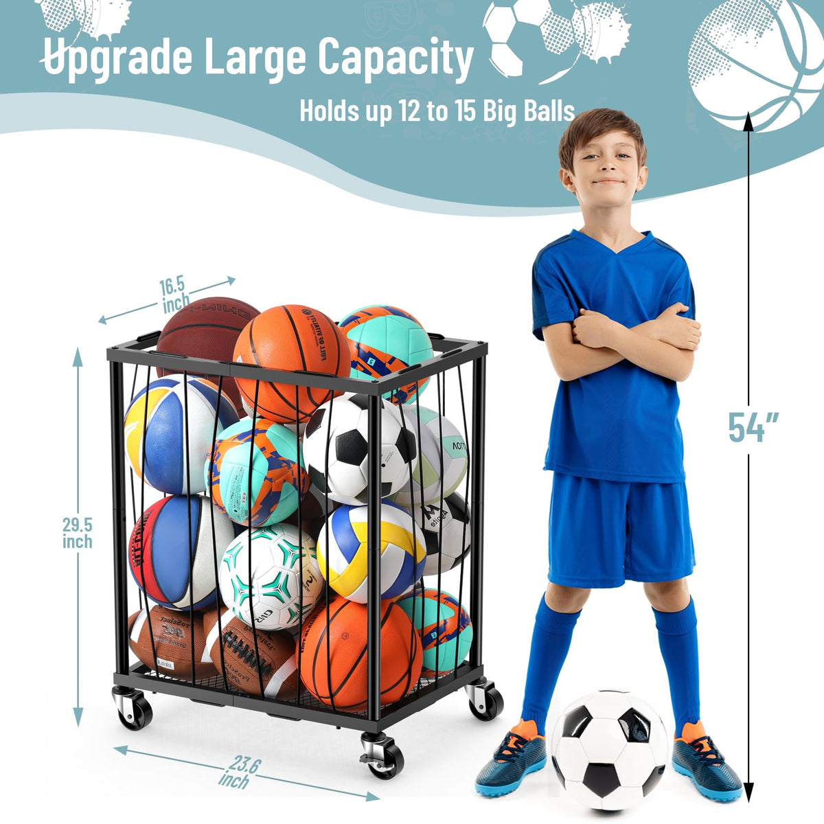 TomCare Garage Ball Storage Rack, Rolling Sports Cart with Lockable Wheels