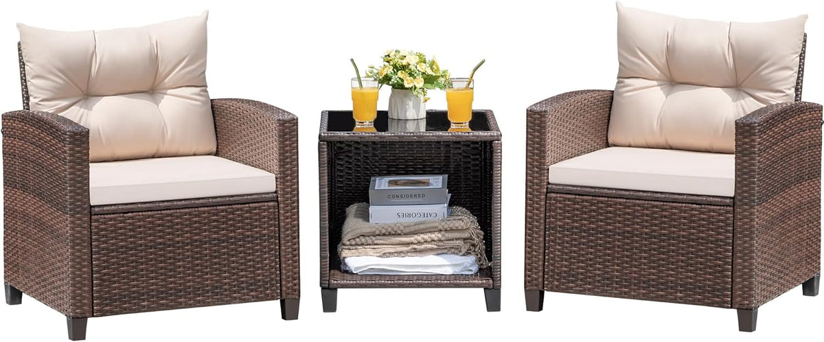 Devoko 3-Piece PE Rattan Patio Furniture Set With 2 Outdoor Chairs And Table, Brown - 26.8 x 25.2 x 29.5 inches
