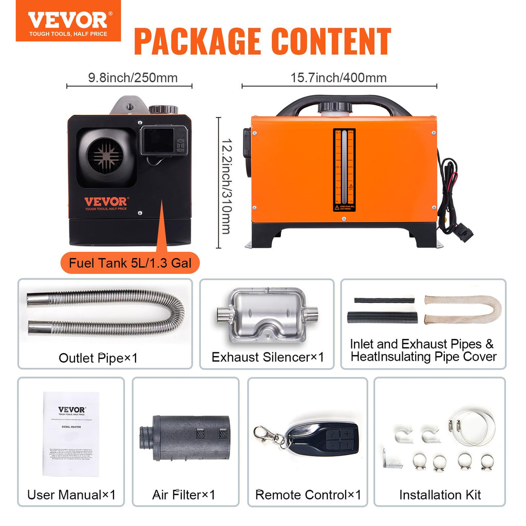 VEVOR Diesel Heater, 12V All-in-one Diesel Air Heater with Remote Control and LCD Display, 5L Fuel Tank Fast Heating Portable Diesel Parking Heater