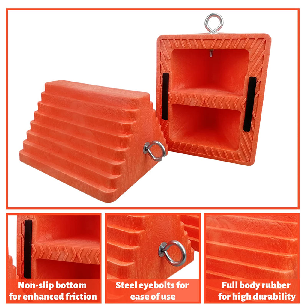 2 Pack Wheel Chocks Heavy Duty Orange with Eyebolt for Travel Trailer, 10" Length x 8" Width x 5.7" Height