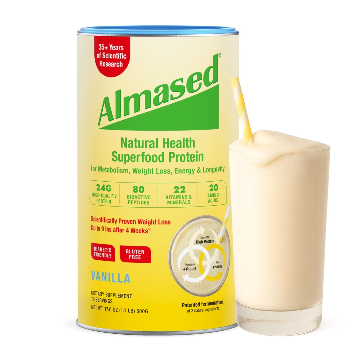 Almased Vanilla Meal Replacement Shake - Low-Glycemic High Plant Base Protein Powder- Nutritional Weight Health Support Supplement - Vanilla Flavor