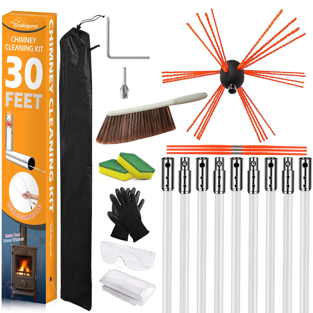 Sealegend 30FT Chimney Sweep Kit Rotary Flexible Cleaning Brush with 9 Rods