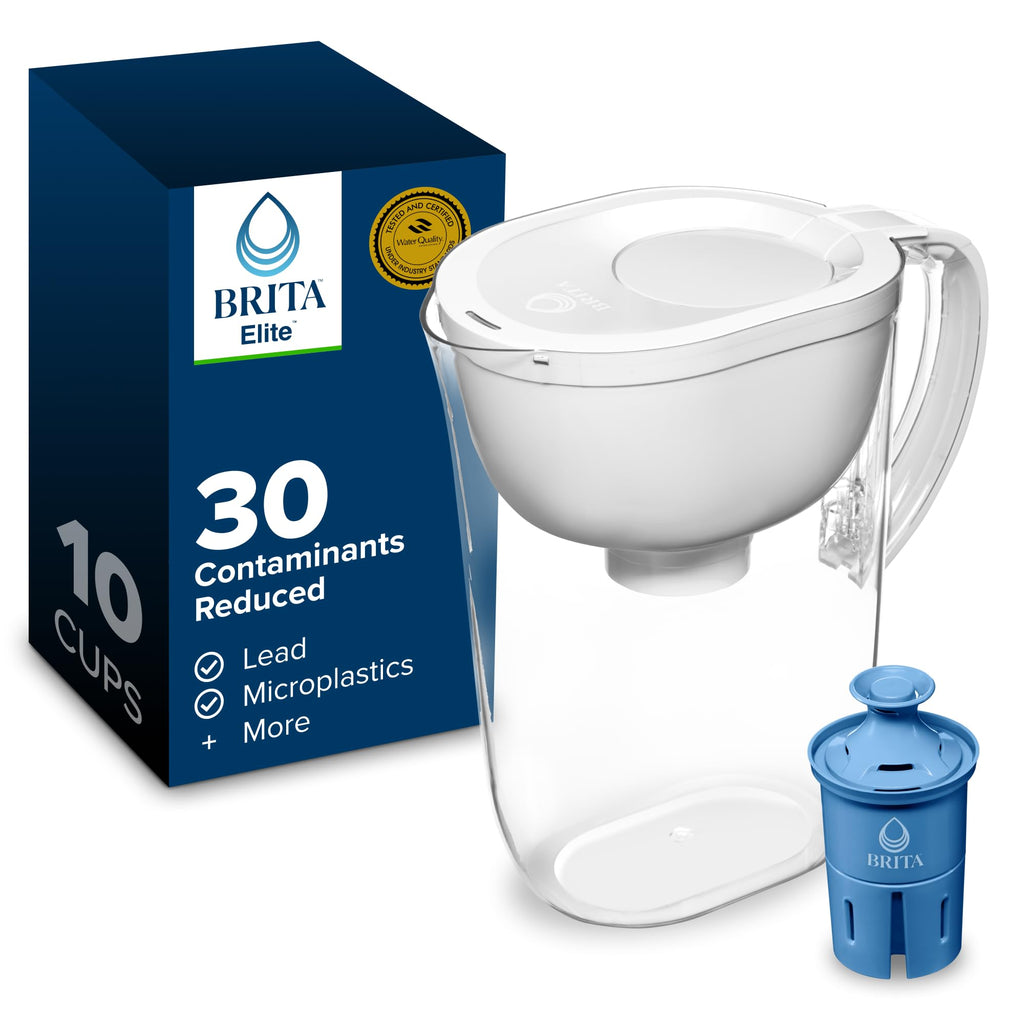 Brita Large 10-Cup Elite Water Filter Pitcher, WQA NSF/ANSI Certified, Reduces 99% of Lead, Microplastics, & 30 Contaminants, BPA-Free, Removes