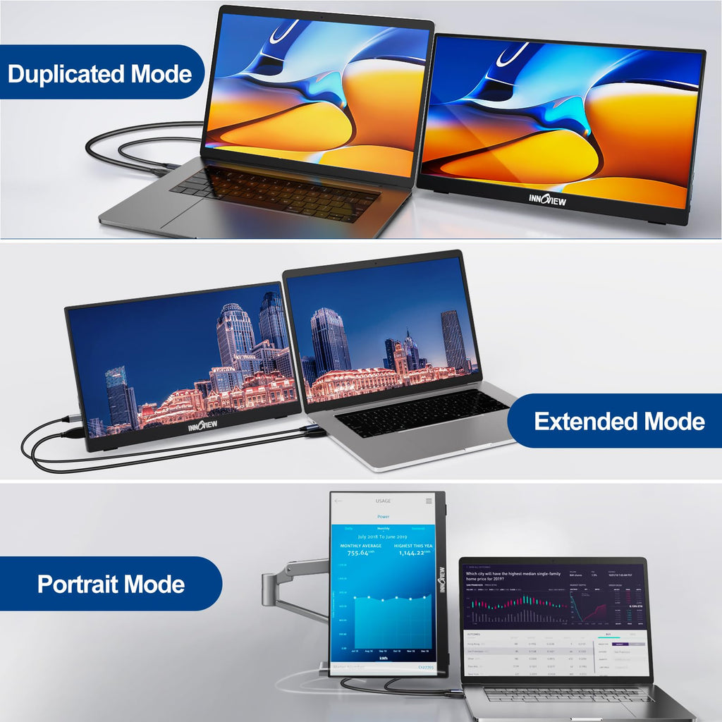 InnoView Portable Monitor 15.6" 1080P for Laptop with Storage Bag, Built-in 90° Adjustable Stand USB C HDMI Ultra-Slim Portable Laptop Monitor for