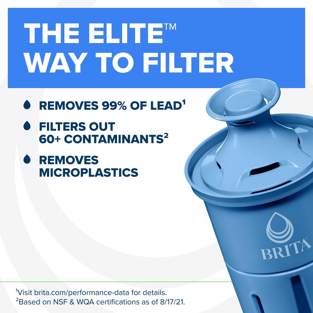 Brita Large 10-Cup Elite Water Filter Pitcher, WQA NSF/ANSI Certified, Reduces 99% of Lead, Microplastics, & 30 Contaminants, BPA-Free, Removes
