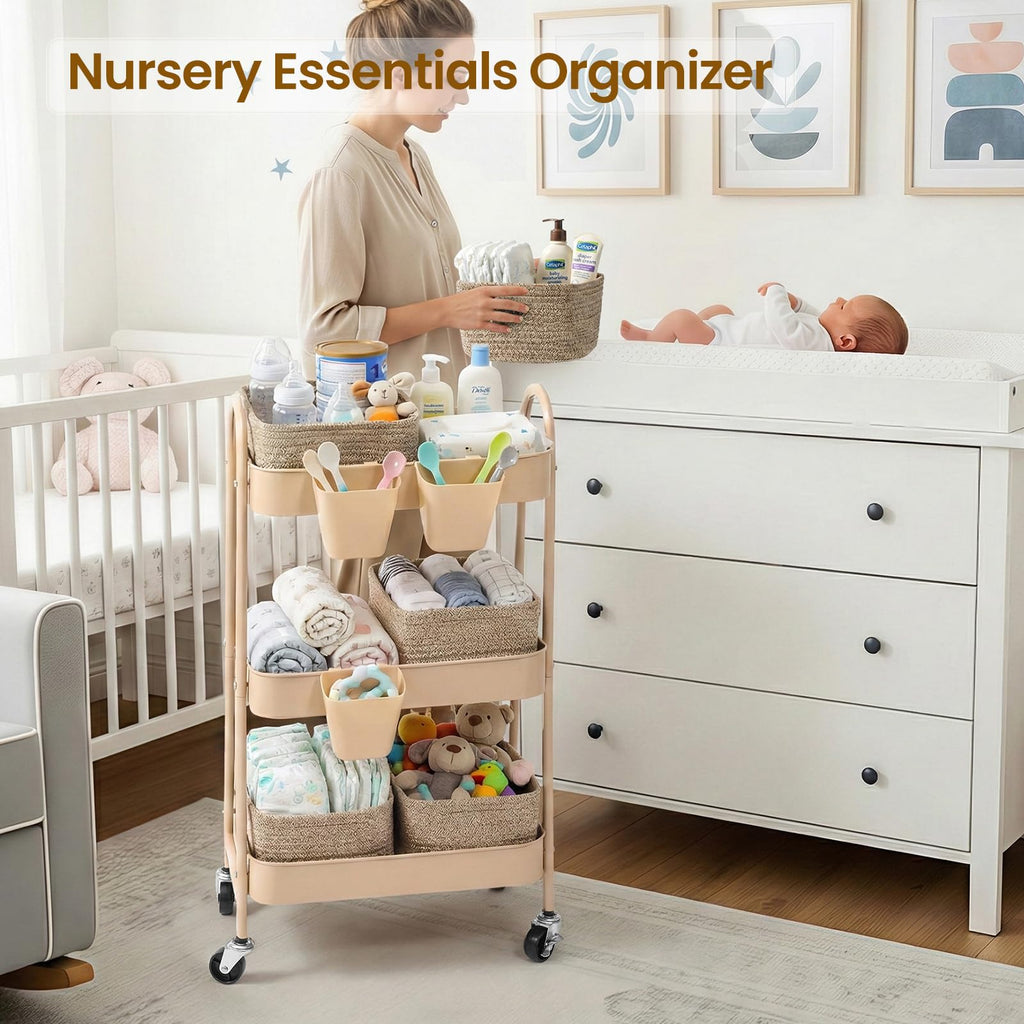 3-Tier Rolling Utility Cart with 4 Woven Baskets, Diaper Book Snack Cart, Storage Organizer for Nursery, Kitchen, Craft Room, Home SPA, Living Room