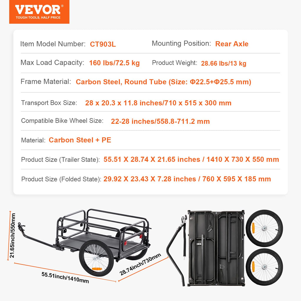 VEVOR Bike Cargo Trailer, 60/88/100/130/160 lbs Load Capacity, Heavy-Duty Bicycle Wagon Cart, Foldable Compact Storage with Universal Hitch