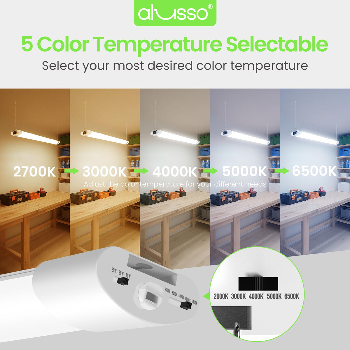 ALUSSO® LED Shop Lights 4FT for Garage, 4800LM Adjustable 20W/30W/40W, 5CCT 2700K 3000K 4000K 5000K 6500K, 120V, Warm to Cool Daylight Linkable Shop