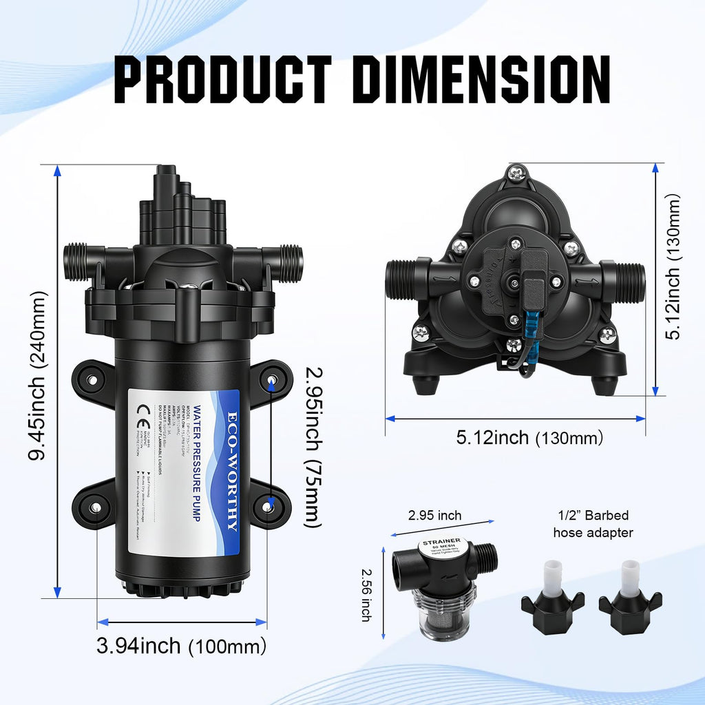 ECO-WORTHY 33-Series Industrial Water Pressure Pump 110V AC 4.0GPM 50PSI RV Fresh Water Diaphragm Pump include Garden Hose Adapters for Irrigation