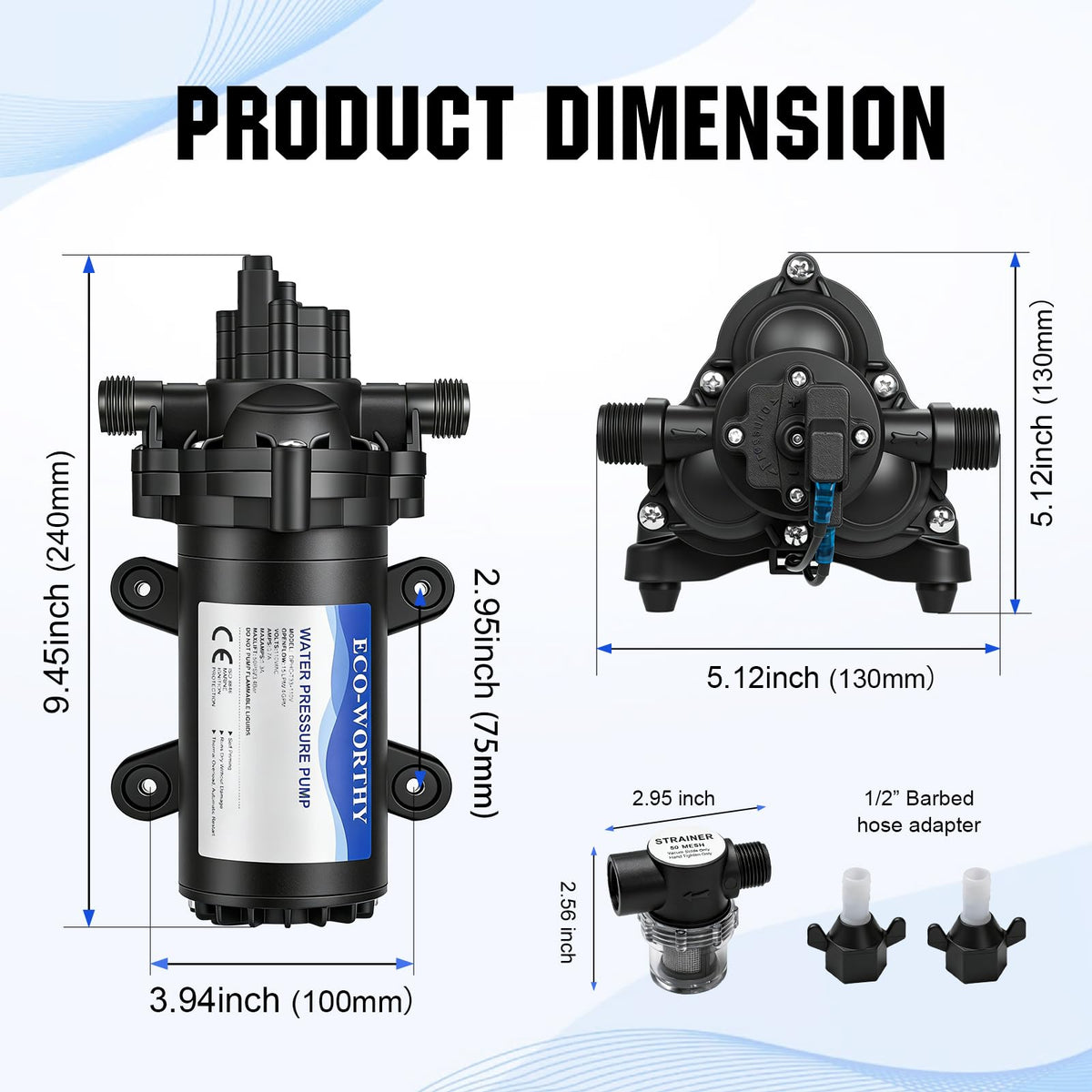 ECO-WORTHY 33-Series Industrial Water Pressure Pump 110V AC 4.0GPM 50PSI RV Fresh Water Diaphragm Pump include Garden Hose Adapters for Irrigation