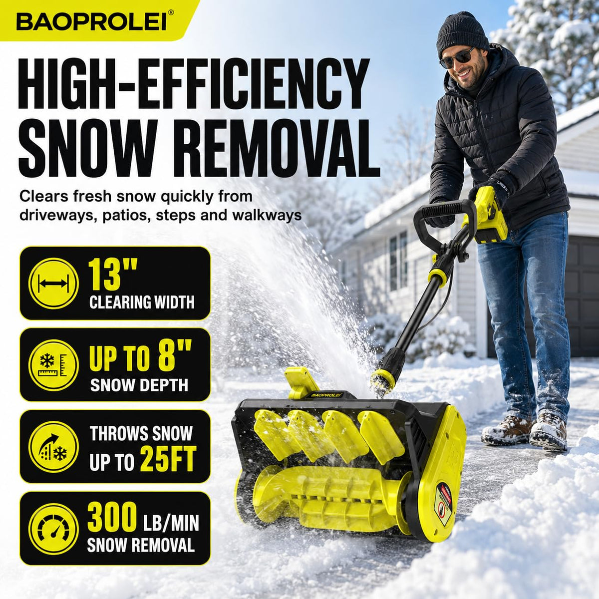 40V Brushless Cordless Snow Shovel, 13Inch Electric Snow Blower with 3 * 4.0 Ah Battery and Charger, Battery Powered Snow Shovel with 25FT Throw