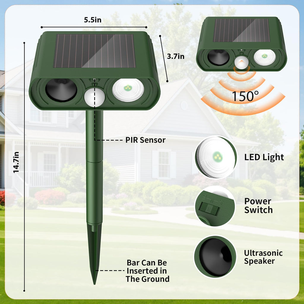 Solar Ultrasonic Animal Repellent, Deer Repellent Devices Waterproof, Cat Repellent Outdoor with Motion Detection Squirrel Skunk Rabbit Dog Raccoon