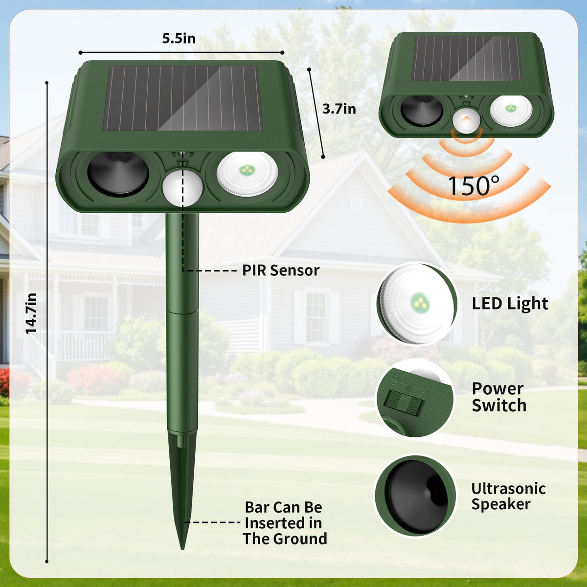 Solar Ultrasonic Animal Repellent, Deer Repellent Devices Waterproof, Cat Repellent Outdoor with Motion Detection Squirrel Skunk Rabbit Dog Raccoon