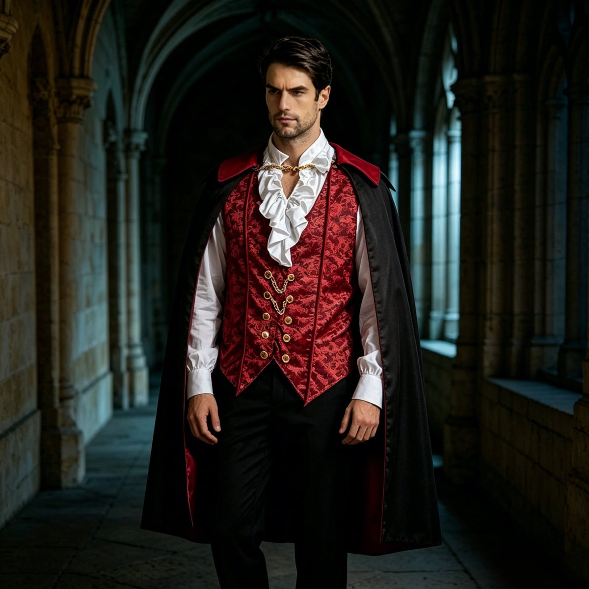 JOANKDMI Mens Gothic Vampire Costume Set with Stand Collar Cape Vest and Ruffle Shirt Classic Aristocrat Dracula Outfit for Halloween Role Play Role Play Theme Party