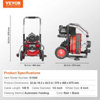 VEVOR Drain Cleaner Machine 100FT x 1/2 Inch, 550W, 8 Cutters, Red + Black