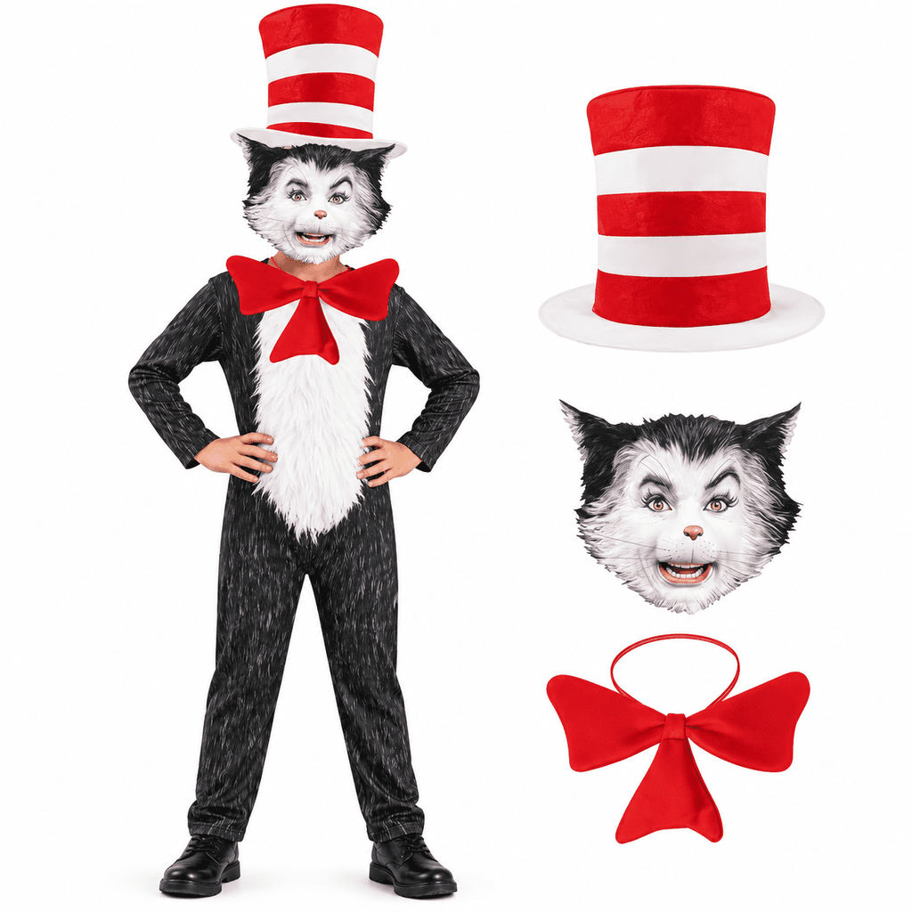 4-Piece Cat Halloween Cosplay Costume for Kids, Scary Cat Jumpsuit Set with Mask, Striped Hat & Bow Tie for Boys & Girls, Ages 11-12