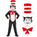 4-Piece Cat Halloween Cosplay Costume for Kids, Scary Cat Jumpsuit Set with Mask, Striped Hat & Bow Tie for Boys & Girls, Ages 11-12