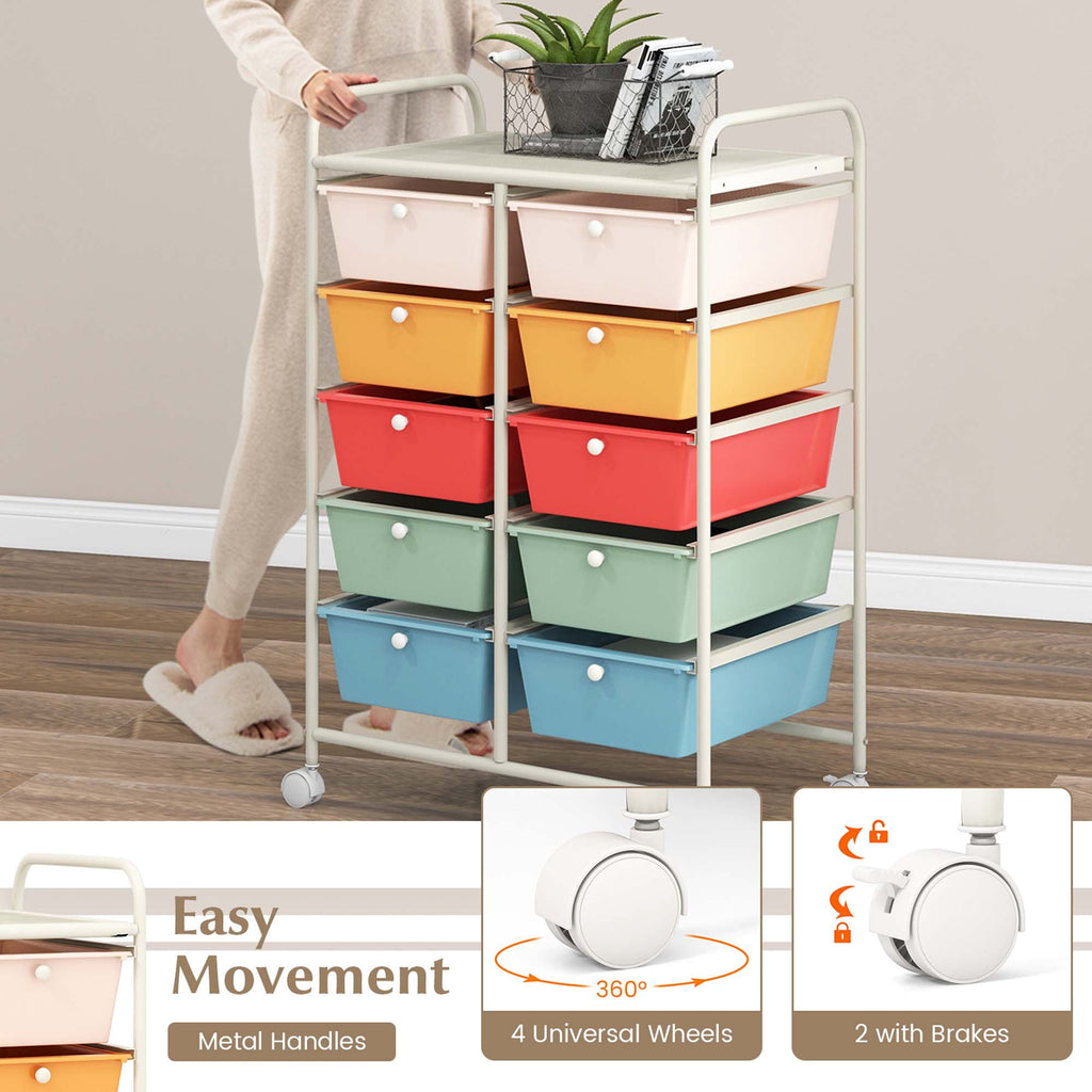 Costway 10-Drawer Storage Cart Utility Rolling Trolley Kitchen Office Organizer Macaron