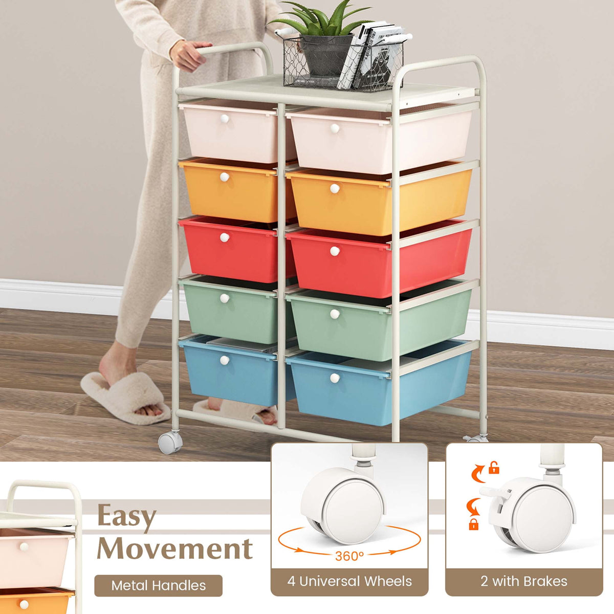 Costway 10-Drawer Storage Cart Utility Rolling Trolley Kitchen Office Organizer Macaron