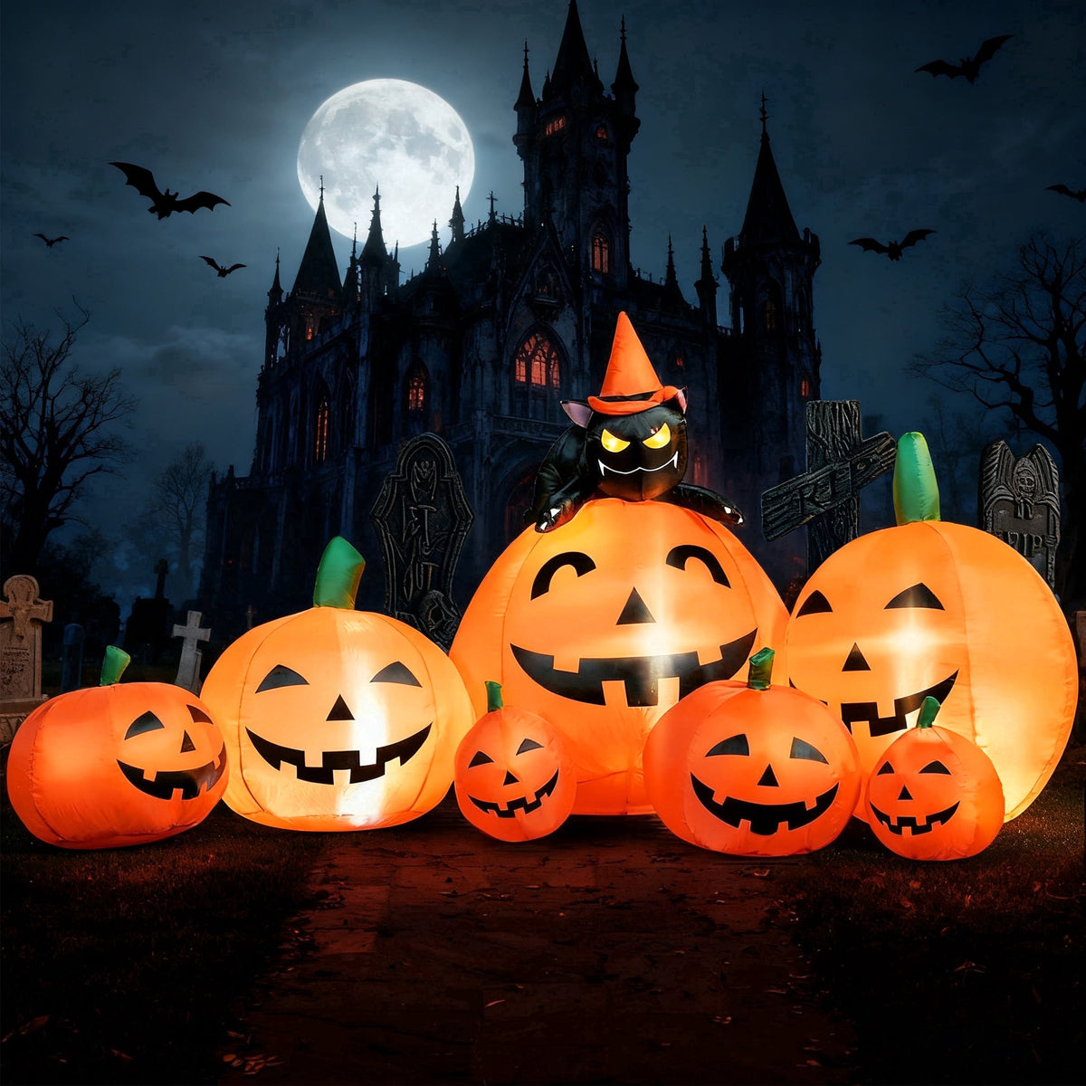 Joyfy 7 ft Halloween Inflatable Long Pumpkin with Witch's Cat Decorations Inflatables with Build-in LEDs, Halloween Decor Outdoor Blow Up Yard Decorations