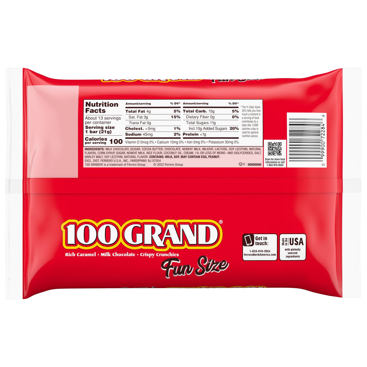 100 Grand Fun Size Halloween Chocolate Candy Bars, Halloween Candy Bulk, Crispy Crunchies and Milk Chocolate with Rich Caramel, 10 oz